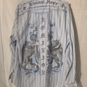 Roar Buckle Blue and White Striped Casual Button Down Shirt. Y2k. Sz 2XL